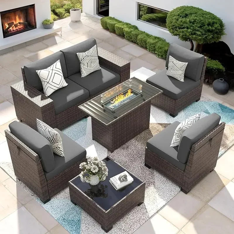 RPD4-7 Piece Patio Furniture Set Fire Pit Table. Outdoor Conversation Sets Wicker Rattan Sectional Sofa with Coffee TSZ