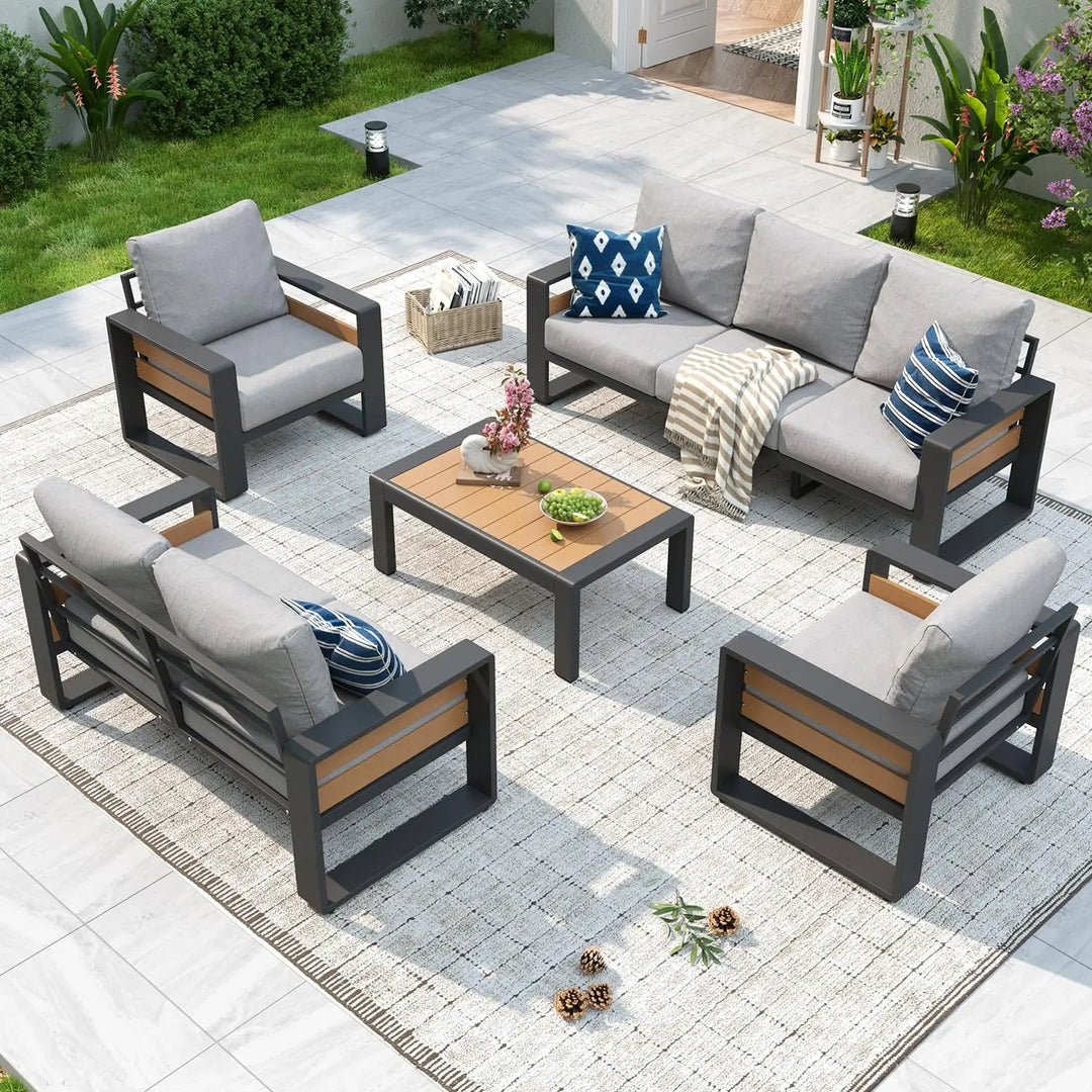 Aluminum Patio Furniture Set, 5 Piece Luxury Outdoor Sectional with 6" Olefin Fabric Cushions, Patio Conversation, Customized