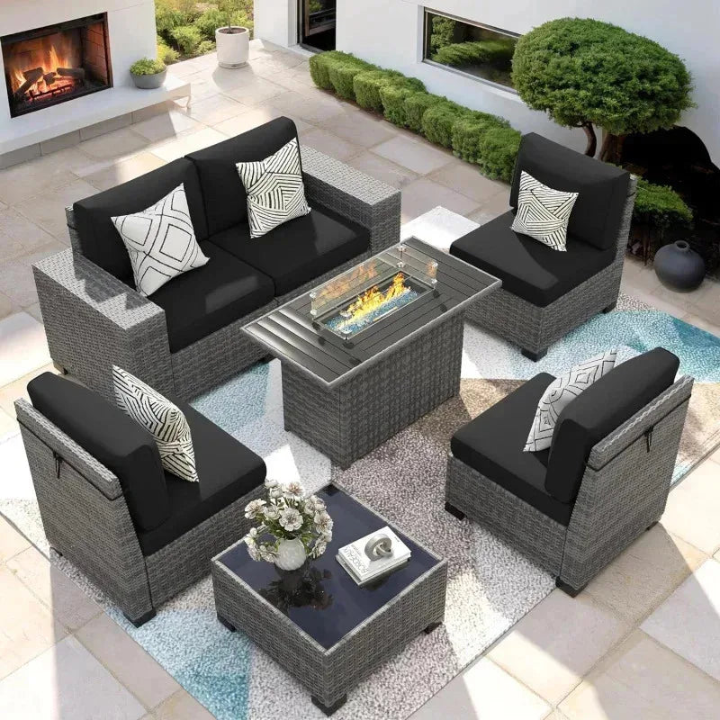 RPD4-7 Piece Patio Furniture Set Fire Pit Table. Outdoor Conversation Sets Wicker Rattan Sectional Sofa with Coffee TSZ