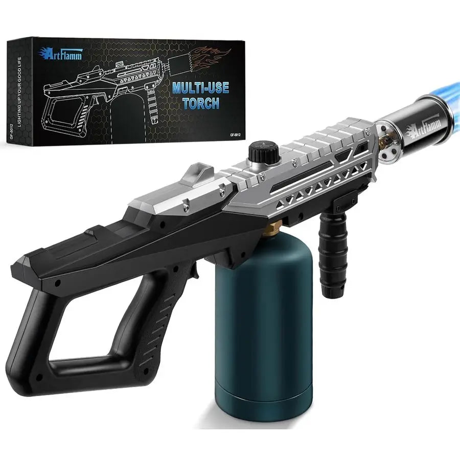 Powerful adjustable grill torch gun with propane cylinder and innovative design for BBQ, camping, and fire starting.