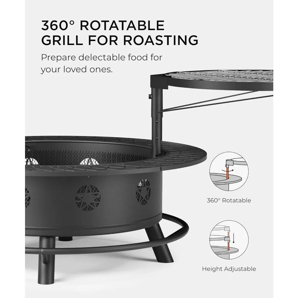 43 Inch Fire Pit with BBQ Grill, Wood Burning Fire Pits for Outside with Lid & Poker, Extra Large Heavy Duty Firepits, BBQ & Out