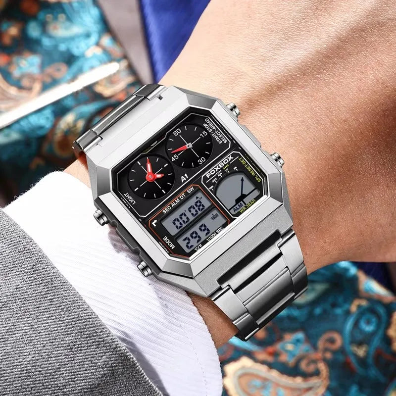 FOXBOX Men's Electronic Watch Fashion Calendar Luminous Waterproof Stainless Steel Strap Alarm Clock Sports Digital Watches+Box