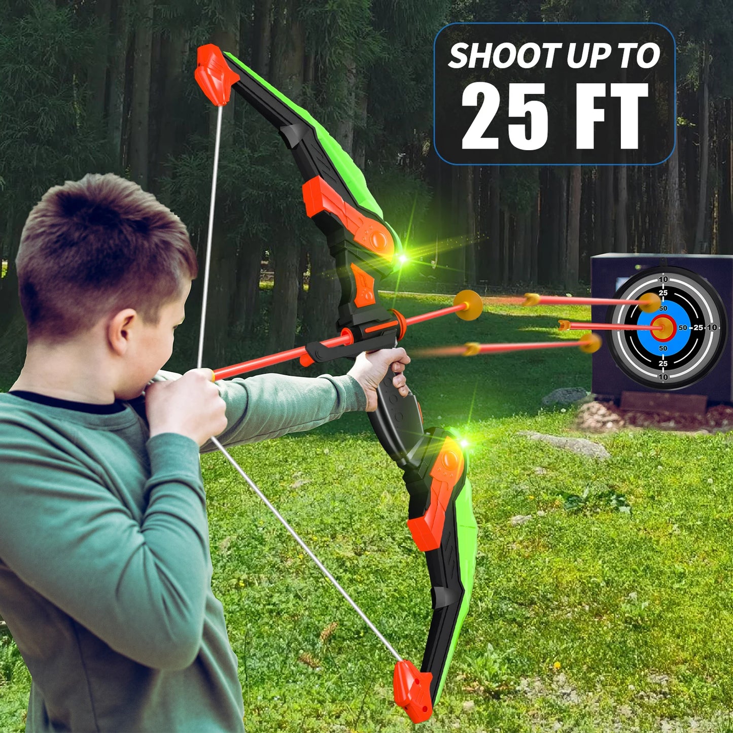 Bow and Arrow Toys with Light-up LED for Kid Age 3+, Archery and Target Set, Indoor & Outdoor Sports Games