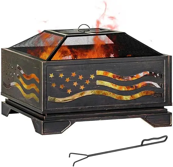 32 Inch Square-Shaped Fire Pit, Outdoor Fire Pits with Spark Screen & Poker, Metal Square Wood Burning Firepits for Outside, Bac