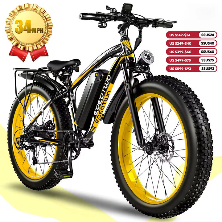 EOEOTWO 1500W Fat Tire Electric Bike for Adults 26"x4.0 All Terrain Ebike 34MPH Fast Mountain E-Bike 48V Long Range Snow Beach Bicycle