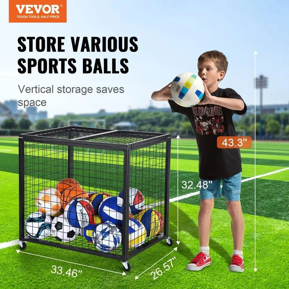 Lockable Rolling Sports Ball Storage Cart - Double Lid Storage Rack for Basketball, Gym, Garage & Outdoor Equipment Organizer