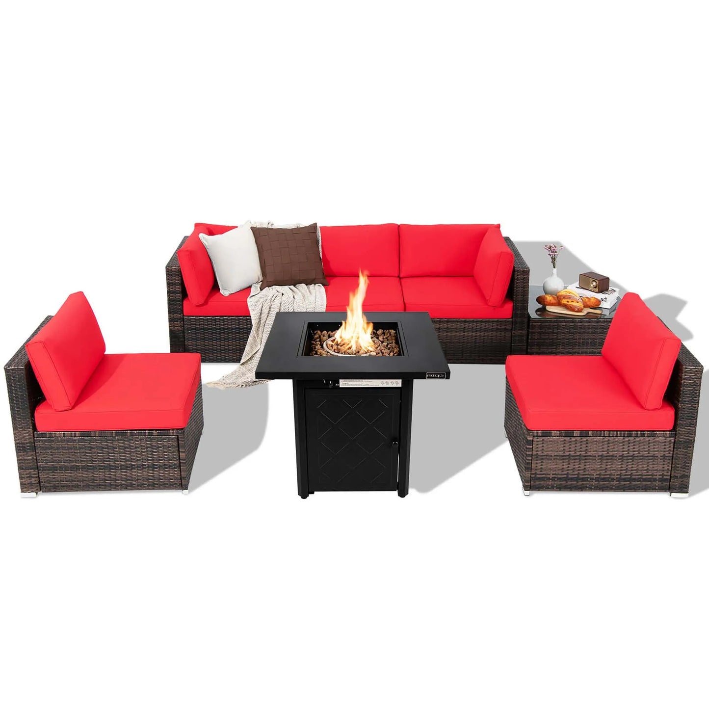7 PCS Patio Furniture Set with 28" 50000 BTU Propane Gas Fire Pit Table Cushions Red