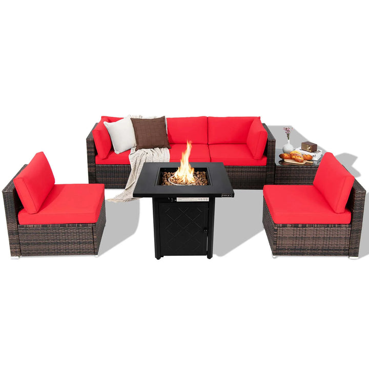 7 PCS Patio Furniture Set with 28" 50000 BTU Propane Gas Fire Pit Table Cushions Red
