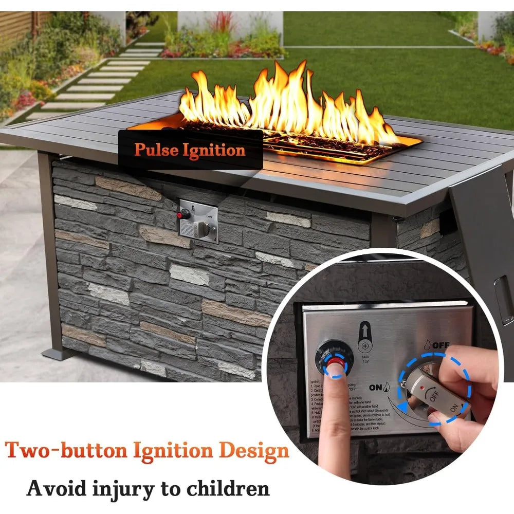 48 INCH Propane Fire Pit Outdoor Fire Table w/Faux Ledgestone Base, 50,000 BTU Gas Fire Pit Table w/Aluminum Table Top, Waterpr