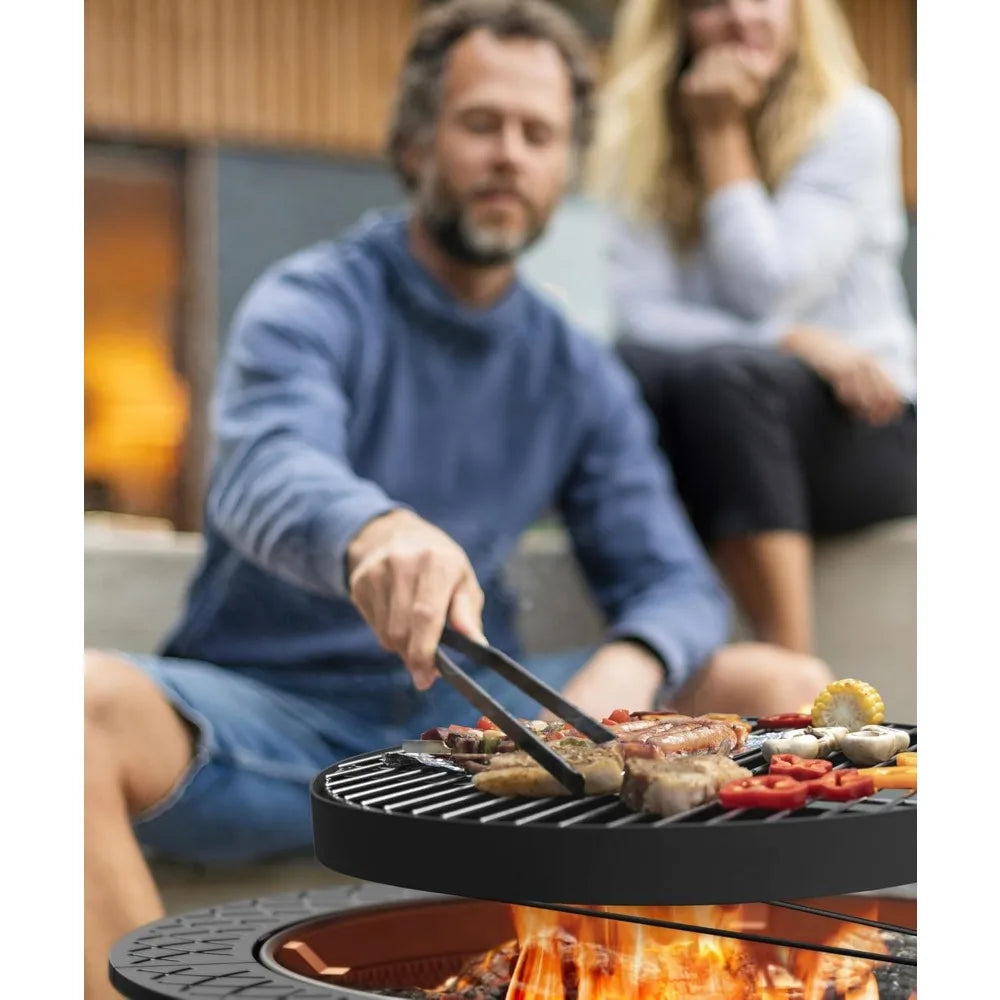 43 Inch Fire Pit with BBQ Grill, Wood Burning Fire Pits for Outside with Lid & Poker, Extra Large Heavy Duty Firepits, BBQ & Out