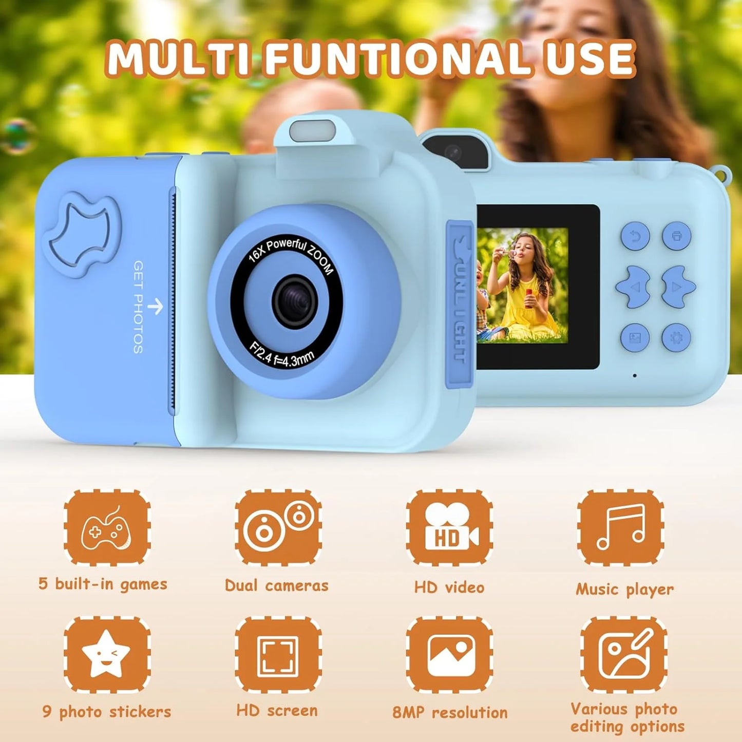 Kids Camera Instant Print Gifts Toys 1080P HD Dual-Lens Selfie Digital Camera with 5 Rolls Print Paper Stickers Pens & 32G Card
