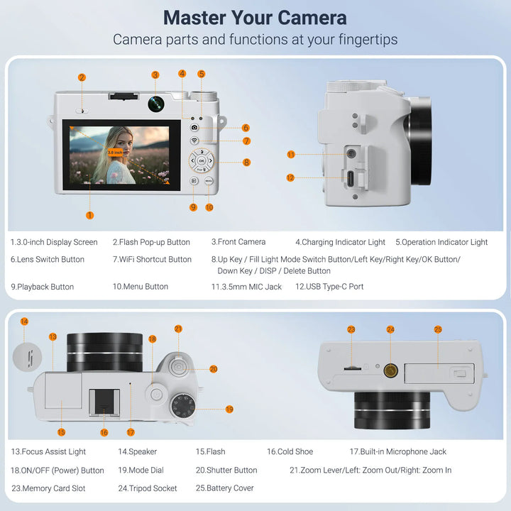 4K Digital Camera - 75MP Front & Rear with Autofocus & Anti-Shake, 3'' Selfie Vlogging Camera, Ultra Bright Flash, 18X Zoom