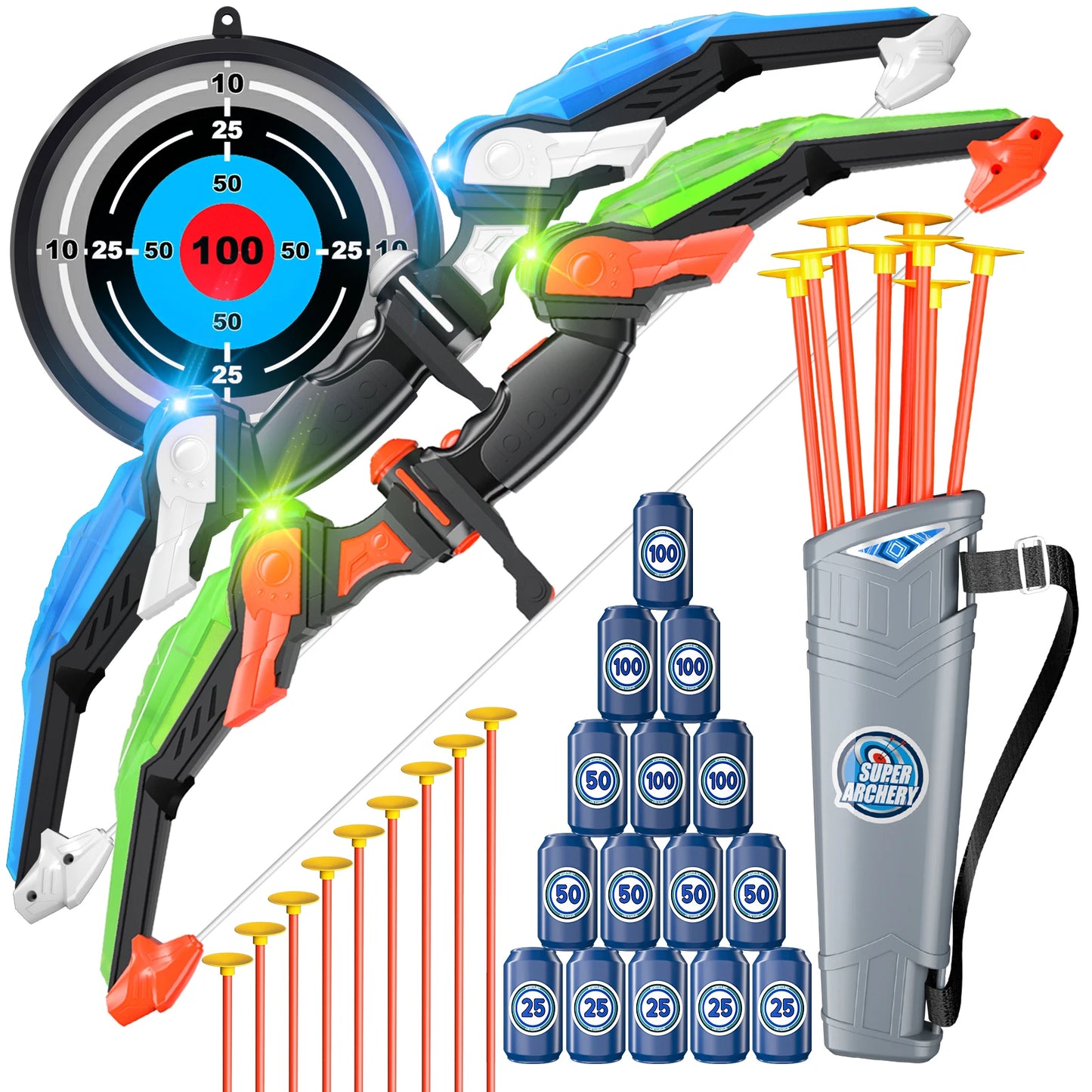 Bow and Arrow Toys with Light-up LED for Kid Age 3+, Archery and Target Set, Indoor & Outdoor Sports Games