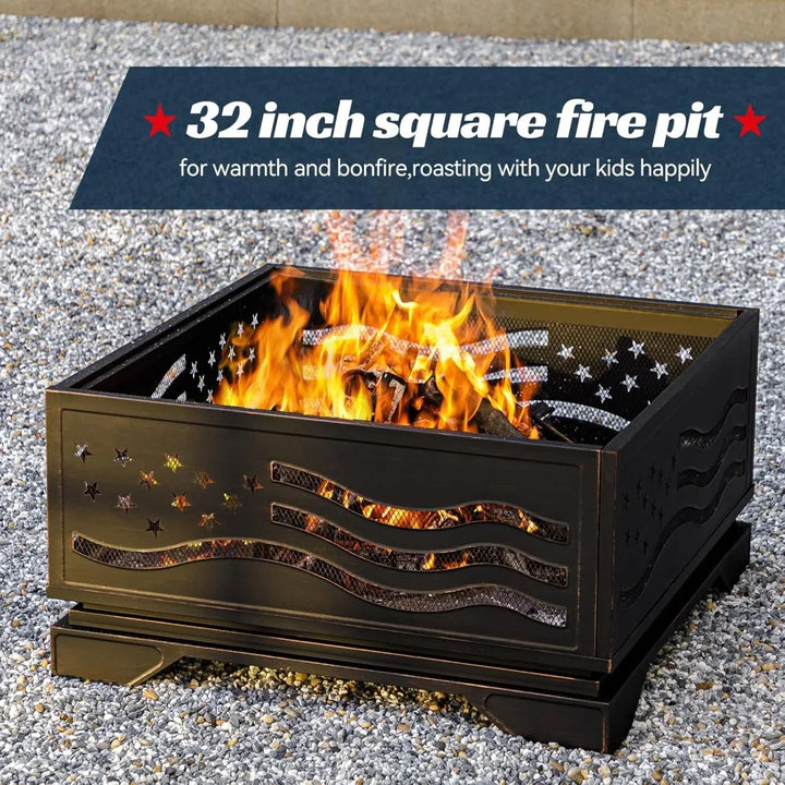 32 Inch Square-Shaped Fire Pit, Outdoor Fire Pits with Spark Screen & Poker, Metal Square Wood Burning Firepits for Outside, Bac