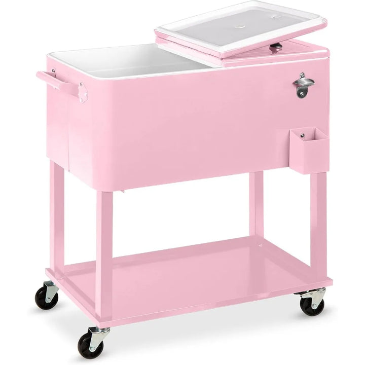 80-Quart Outdoor Steel Rolling Cooler Cart w/Ice Chest, Bottle Opener, Catch Tray, Drain Plug, Locking Wheels