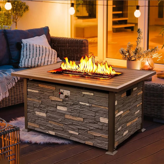 48 INCH Propane Fire Pit Outdoor Fire Table w/Faux Ledgestone Base, 50,000 BTU Gas Fire Pit Table w/Aluminum Table Top, Waterpr