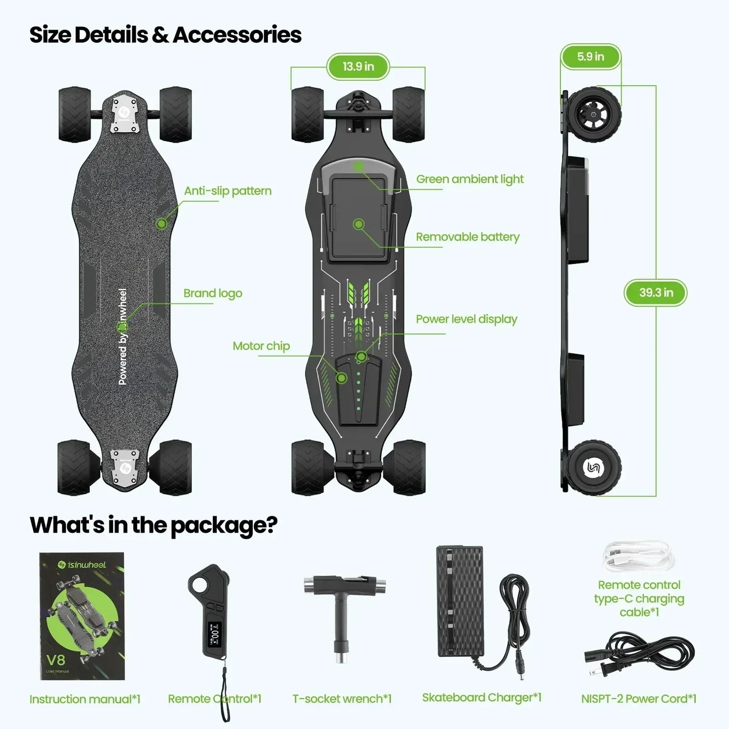 Isinwheel V8 Electric Skateboard 37V 600W Dual Motors