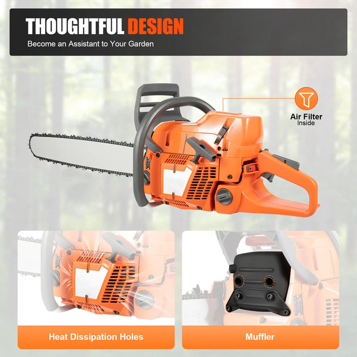 24 Inch Gas Chainsaw, 72CC 3900W 2-Stroke Handheld Cordless, Orange Chainsaw for Wood Cutting