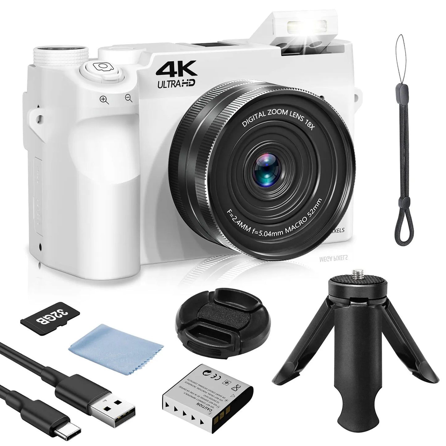 4K Digital Camera - 75MP Front & Rear with Autofocus & Anti-Shake, 3'' Selfie Vlogging Camera, Ultra Bright Flash, 18X Zoom