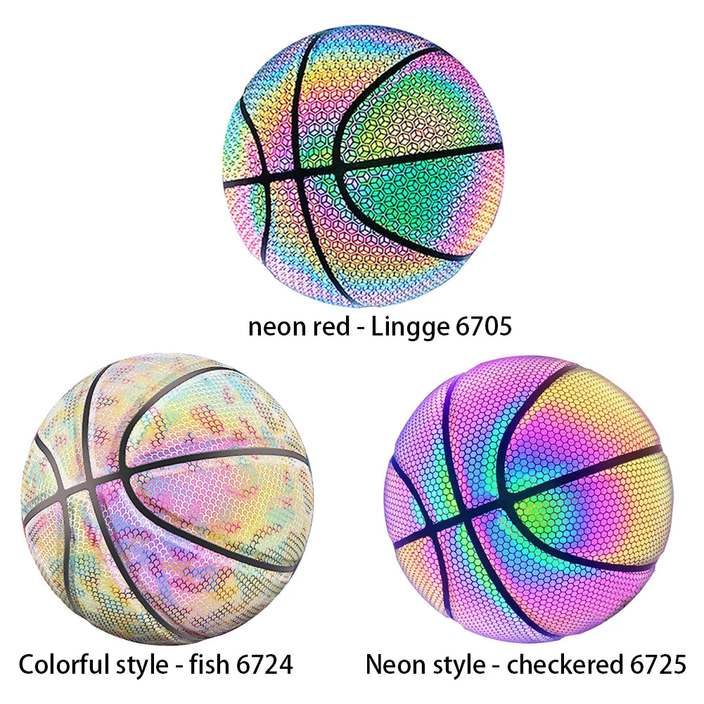 Luminous Basketball Ball Holographic Reflective Lighted Flash Ball PU Wear-Resistant Glowing Basketball Night Sports Game