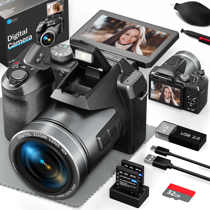 NBD S205E 64MP Professional Digital Camera for Photography 4K Vlogging Camera with 3’’ Flip Screen 16X Digital Zoom 32GB TF Card