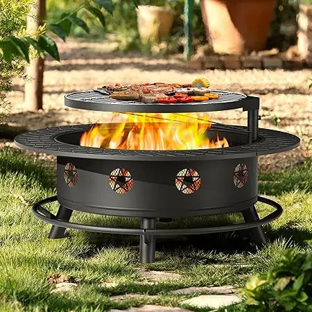 43 Inch Fire Pit with BBQ Grill, Wood Burning Fire Pits for Outside with Lid & Poker, Extra Large Heavy Duty Firepits, BBQ & Out