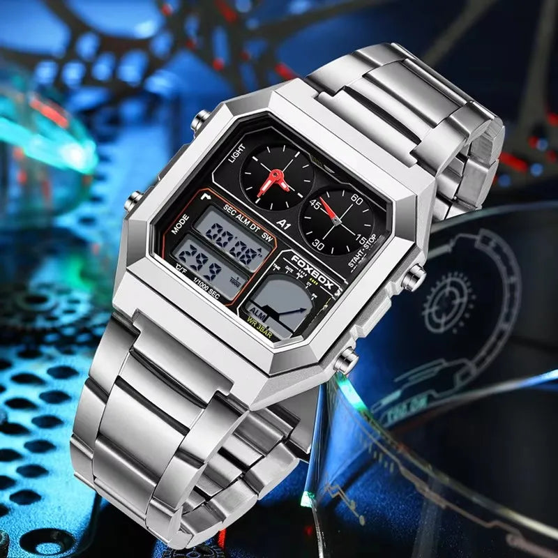 FOXBOX Men's Electronic Watch Fashion Calendar Luminous Waterproof Stainless Steel Strap Alarm Clock Sports Digital Watches+Box