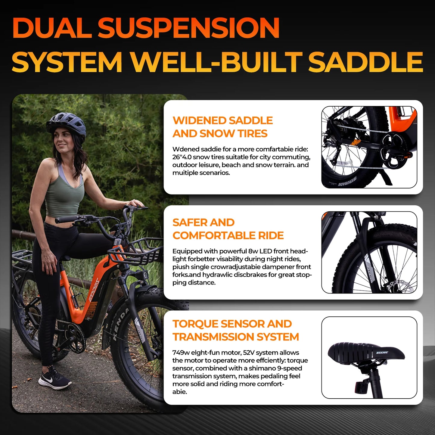 750W off-road electric bicycle 52V 17Ah 26 inch 4.0 fat tire with USB port and Bluetooth APP LCD screen 9-speed