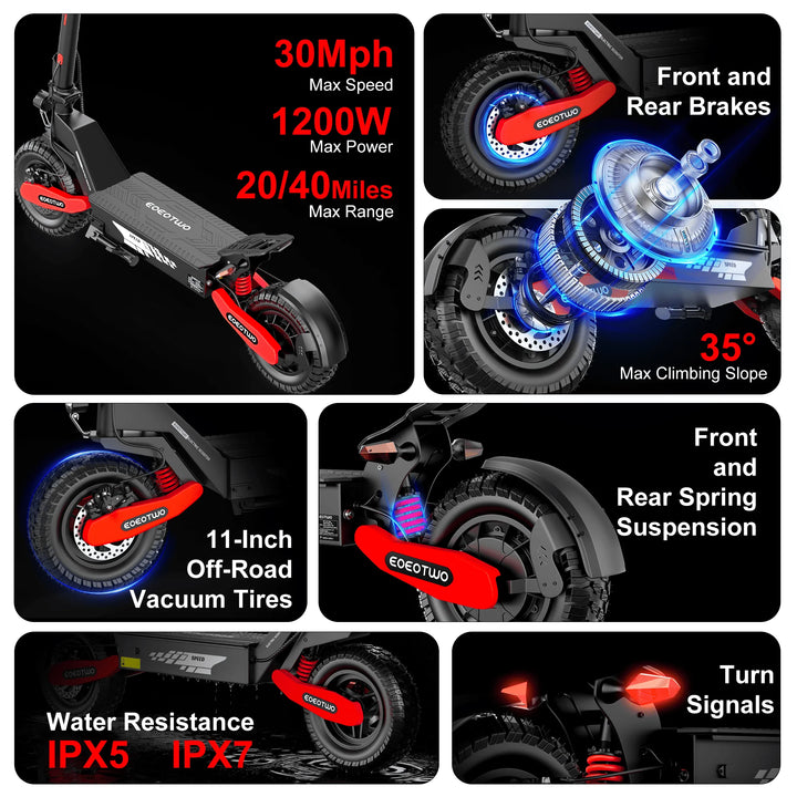 EOEOTWO GT06 Electric Scooter,1200W Motor,40/20Miles Range&30mph,11'' Off Road Tires,Dual Suspension E-Scooter+1 Year Warranty