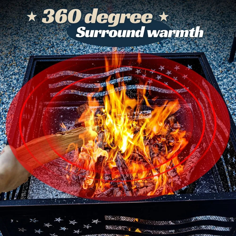 32 Inch Square-Shaped Fire Pit, Outdoor Fire Pits with Spark Screen & Poker, Metal Square Wood Burning Firepits for Outside, Bac