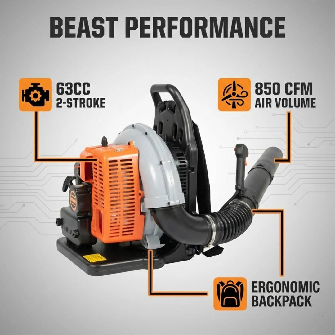 Heavy Duty 63CC Engine Landscape Snow Removal Backpack Gasoline Leaf Blower Delivers 850CFM Strong Wind And Easy Start