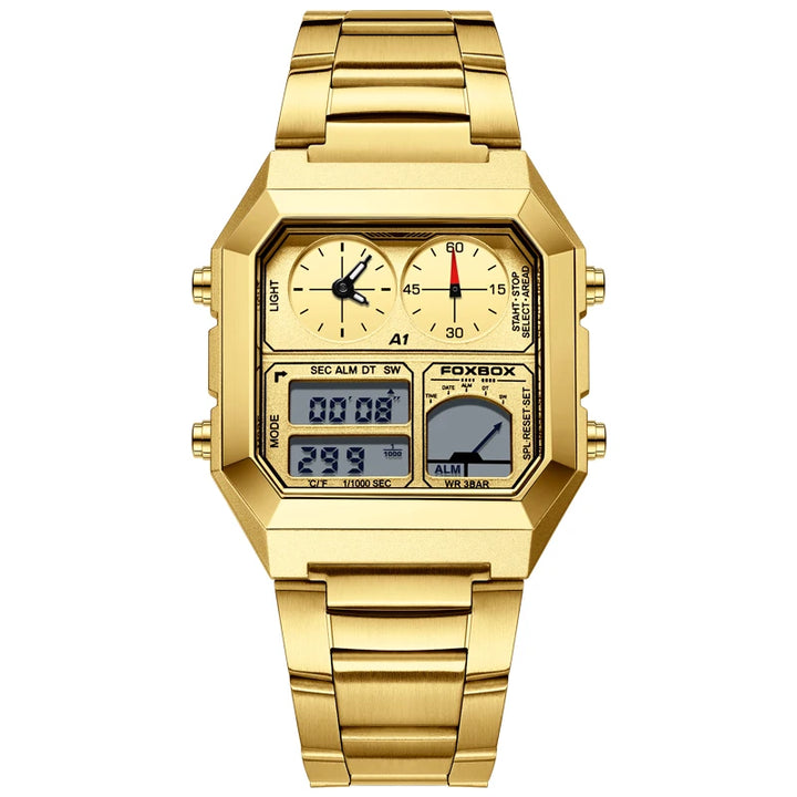 FOXBOX Men's Electronic Watch Fashion Calendar Luminous Waterproof Stainless Steel Strap Alarm Clock Sports Digital Watches+Box