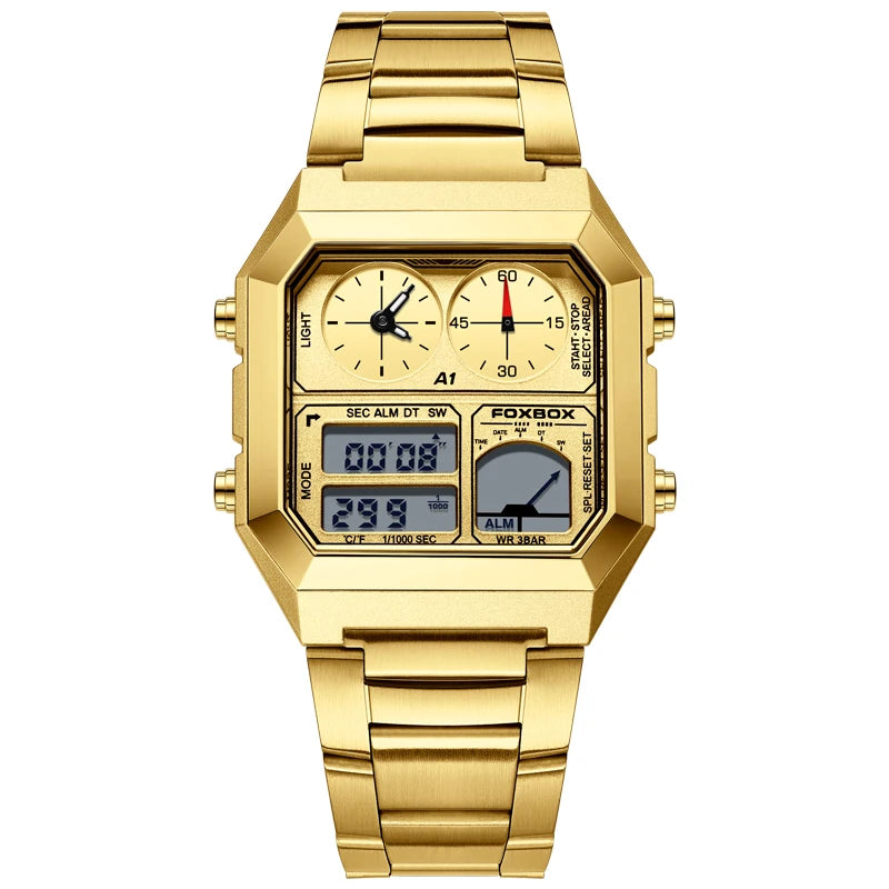FOXBOX Men's Electronic Watch Fashion Calendar Luminous Waterproof Stainless Steel Strap Alarm Clock Sports Digital Watches+Box