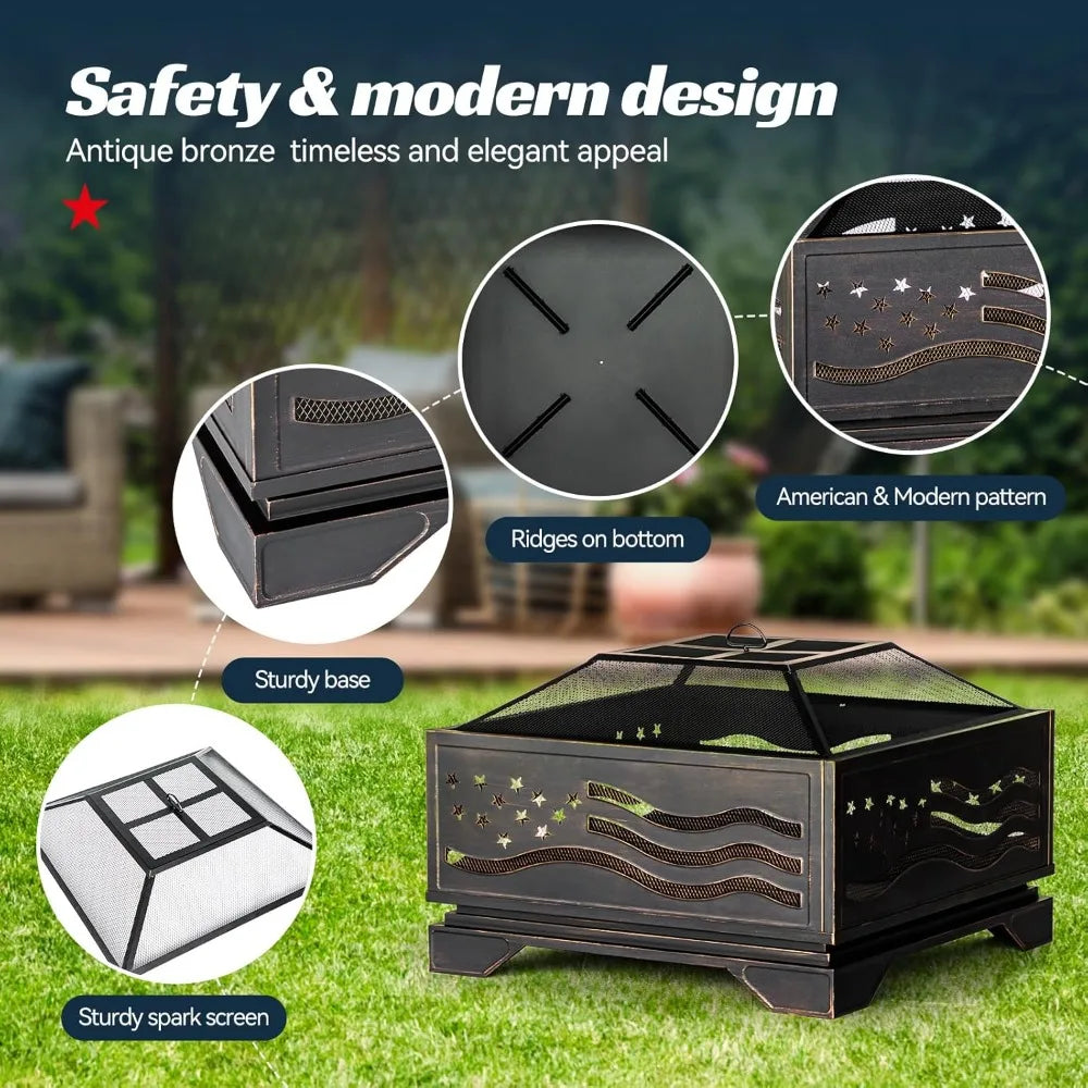 32 Inch Square-Shaped Fire Pit, Outdoor Fire Pits with Spark Screen & Poker, Metal Square Wood Burning Firepits for Outside, Bac