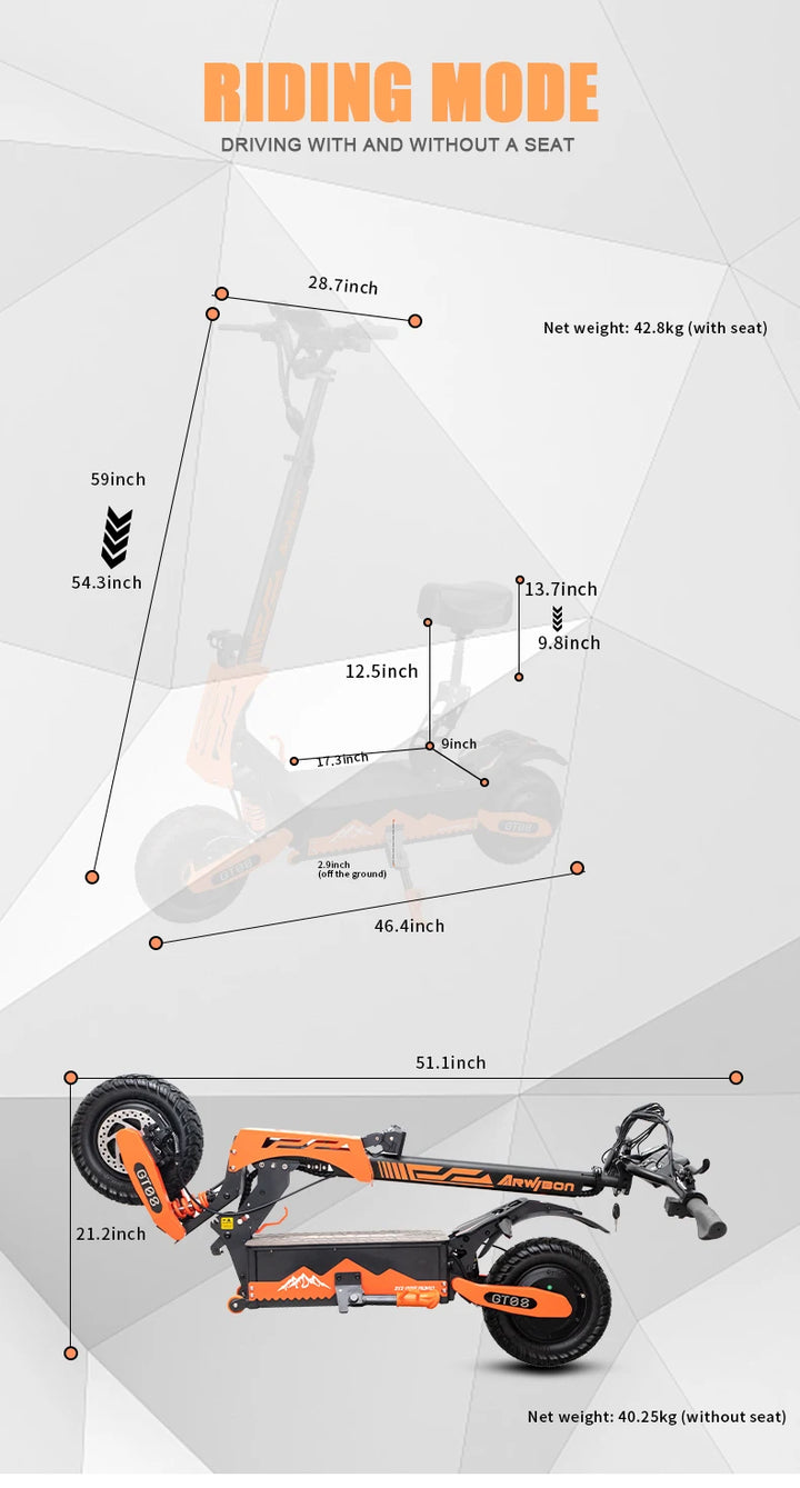 Arwibon GT08 Adult Electric Scooter 5600W Motor Top Speed 46MPH, 60V27AH, 11 Inch Off-Road Tires Sport Commuter Folding EScooter