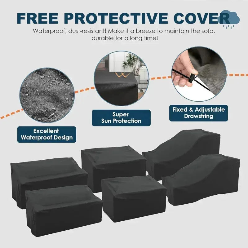 RPD4-7 Piece Patio Furniture Set Fire Pit Table. Outdoor Conversation Sets Wicker Rattan Sectional Sofa with Coffee TSZ