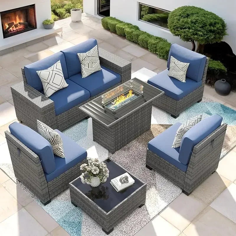 RPD4-7 Piece Patio Furniture Set Fire Pit Table. Outdoor Conversation Sets Wicker Rattan Sectional Sofa with Coffee TSZ