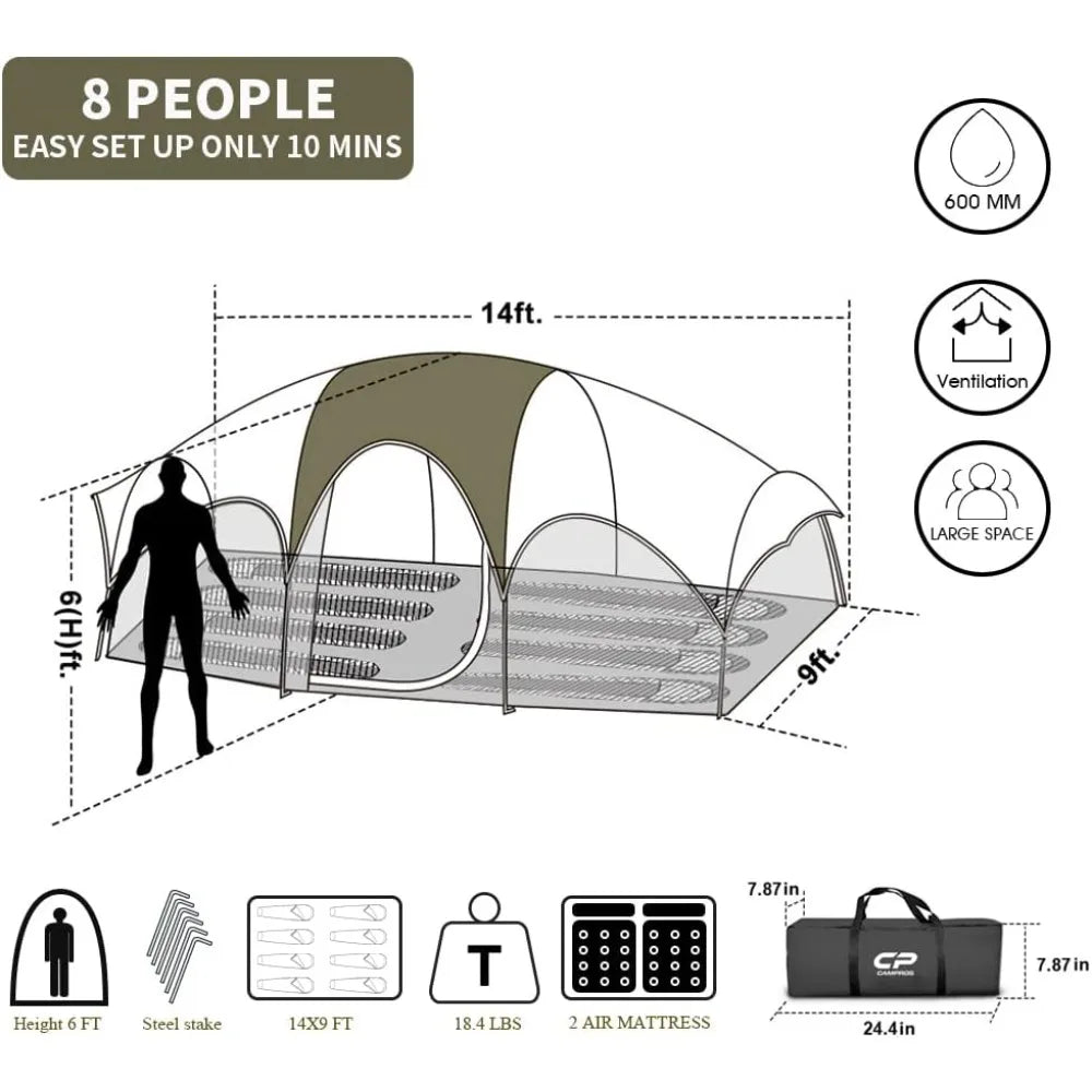 Tent 8 Person Camping Tents, Weather Resistant Family Tent, 5 Large Mesh Windows, Double Layer,Olive