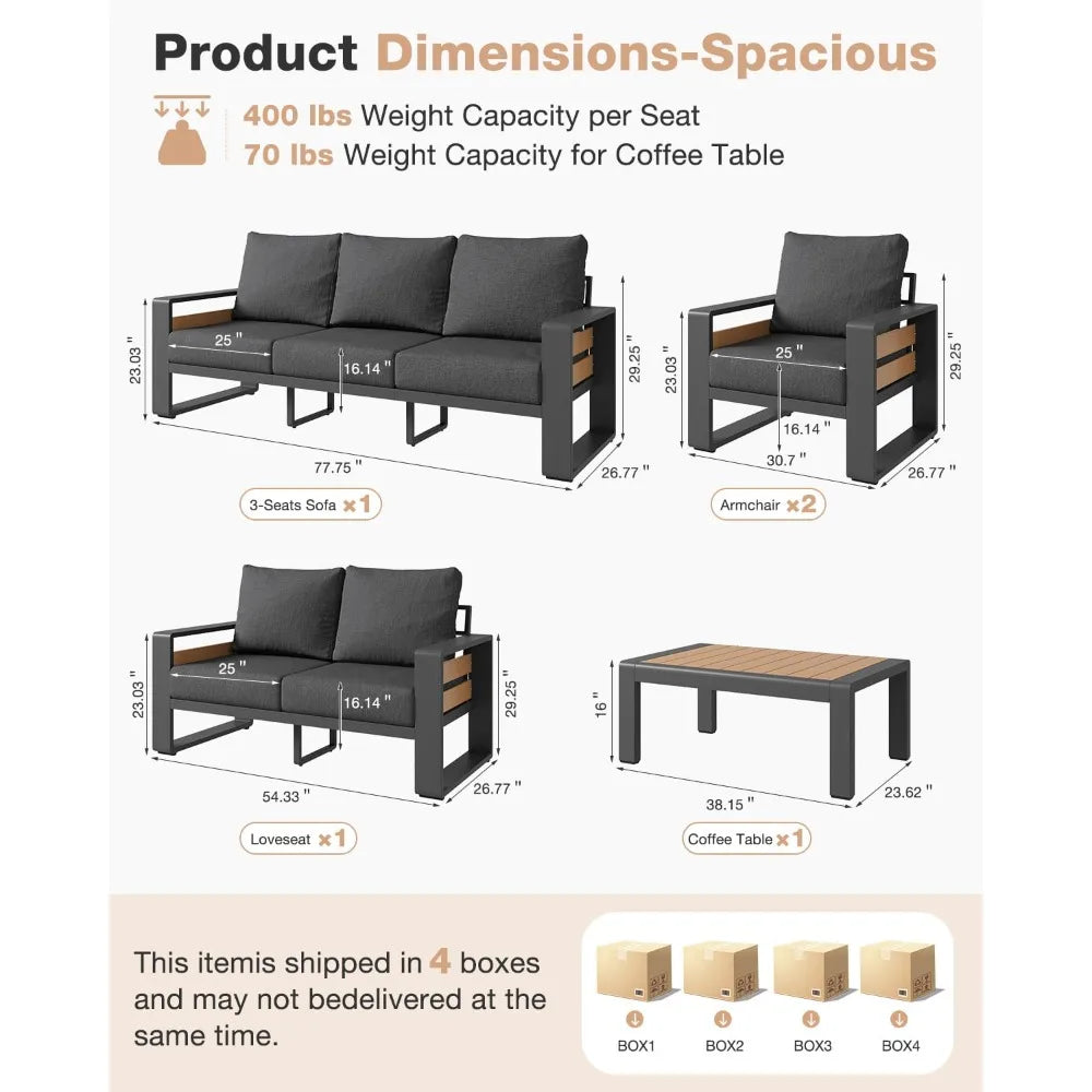 Aluminum Patio Furniture Set, 5 Piece Luxury Outdoor Sectional with 6" Olefin Fabric Cushions, Patio Conversation, Customized