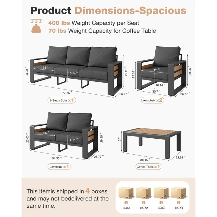 Aluminum Patio Furniture Set, 5 Piece Luxury Outdoor Sectional with 6" Olefin Fabric Cushions, Patio Conversation, Customized