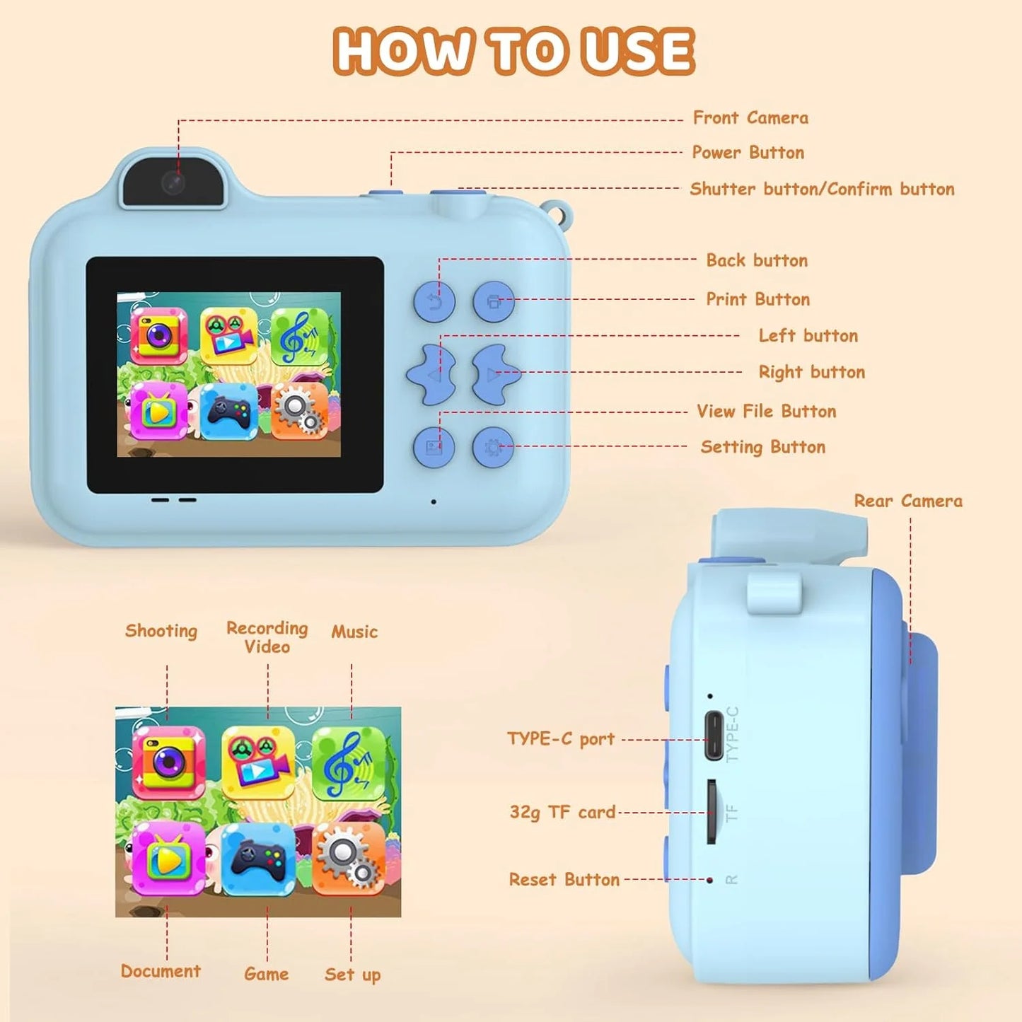 Kids Camera Instant Print Gifts Toys 1080P HD Dual-Lens Selfie Digital Camera with 5 Rolls Print Paper Stickers Pens & 32G Card