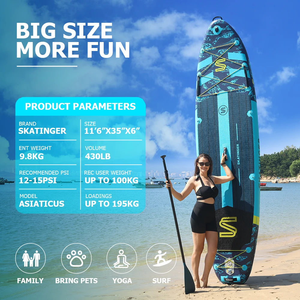 Skatinger 11'6'' X 35'' X 6'' Inflatable Paddle Board for Adults - Stable Sup Board Prancha Paddle Gonflable for Water Sports