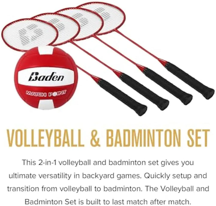 Portable Volleyball & Badminton Combo Set with 4 Racquets, Net, Ball, Pump & Carry Bag for Outdoor Fun