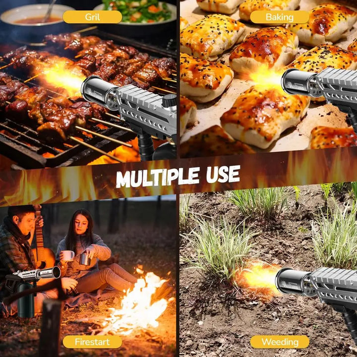 Adjustable grill torch gun used for grilling, baking, fire starting, and weeding, showcasing multiple uses for outdoor activities.