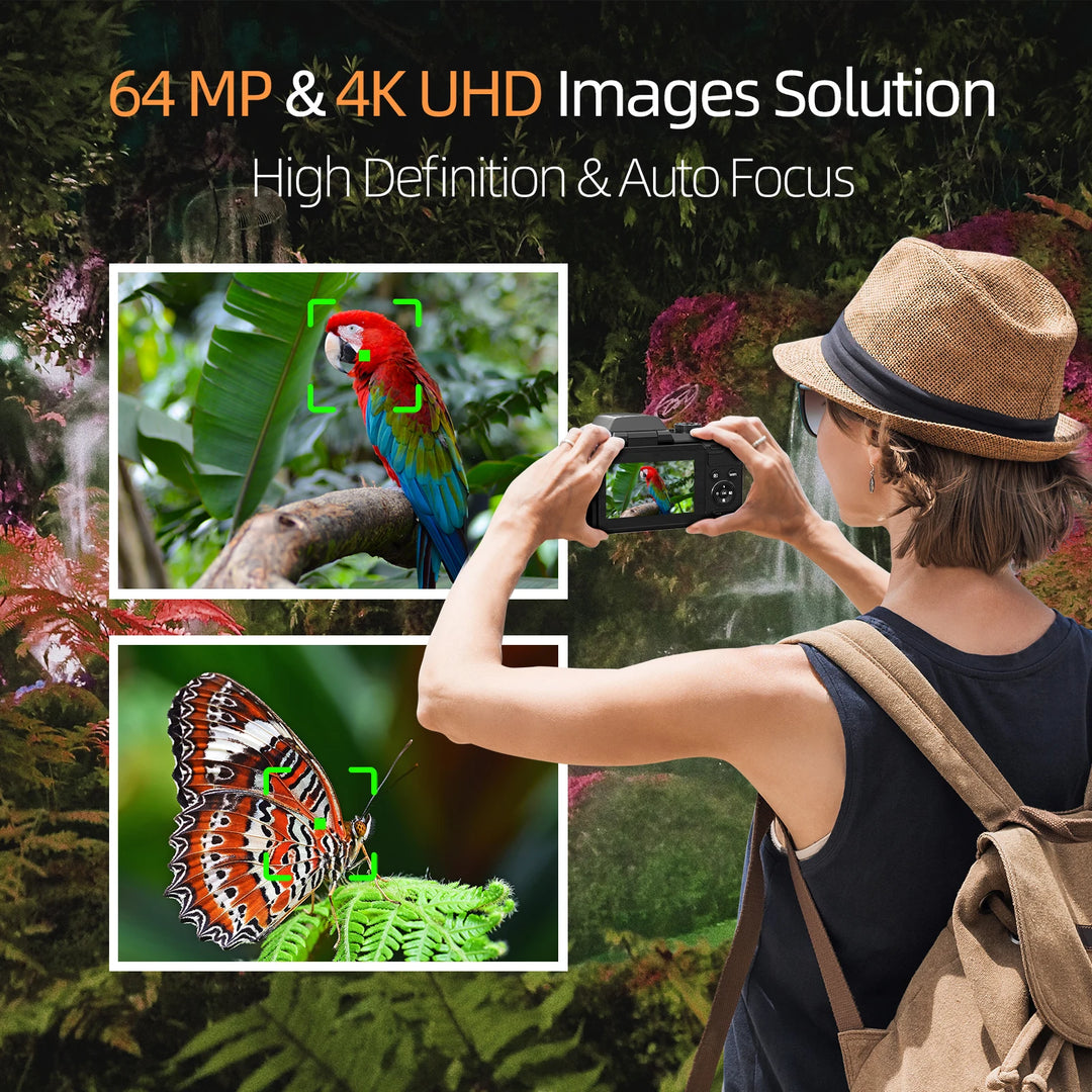 NBD S205E 64MP Professional Digital Camera for Photography 4K Vlogging Camera with 3’’ Flip Screen 16X Digital Zoom 32GB TF Card