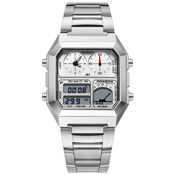 FOXBOX Men's Electronic Watch Fashion Calendar Luminous Waterproof Stainless Steel Strap Alarm Clock Sports Digital Watches+Box