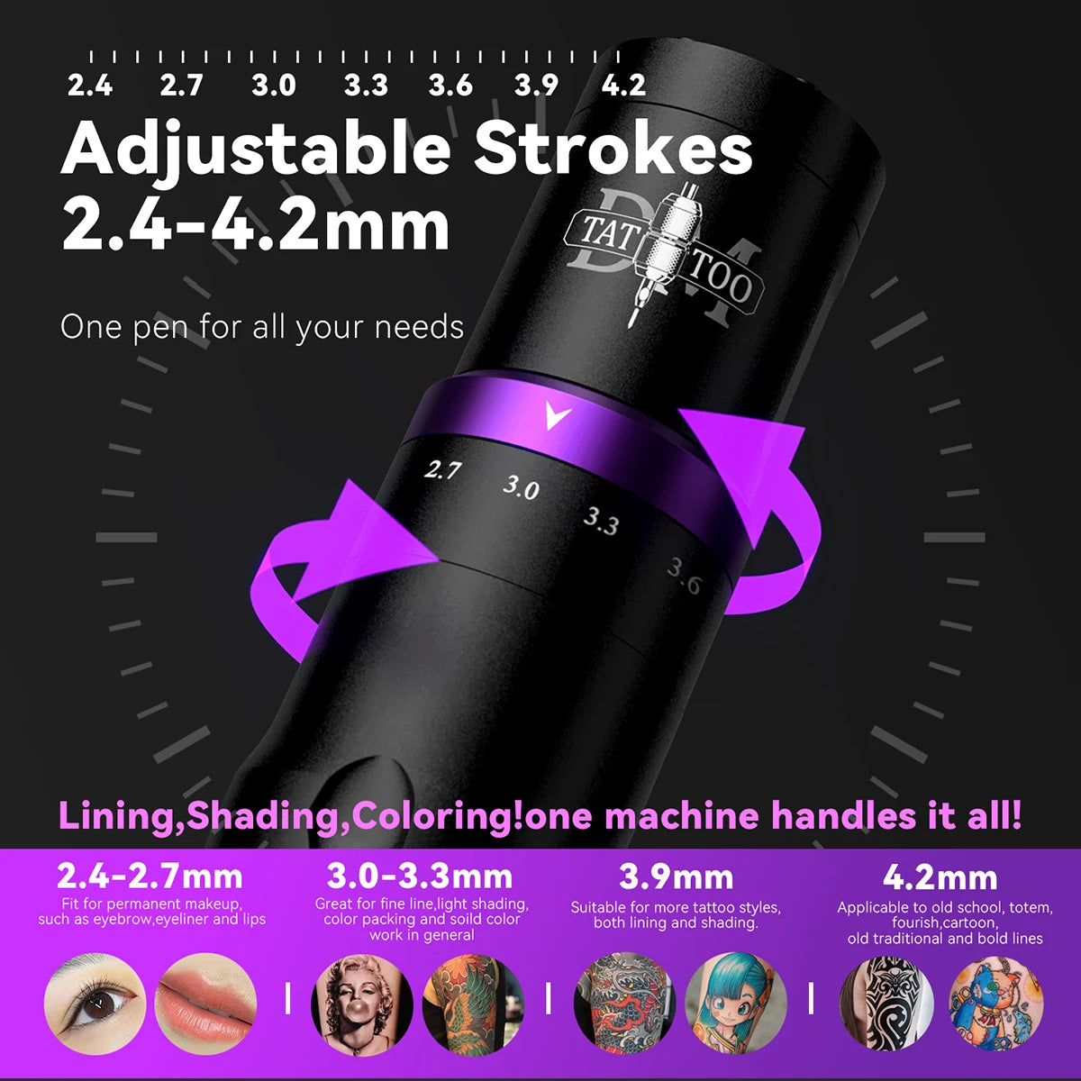 DM Gorilla Wireless Tattoo Kit Adjustable Stroke Tattoo Machine 1500mAh Powerful Customized Low Noise Motor For Permanent Makeup