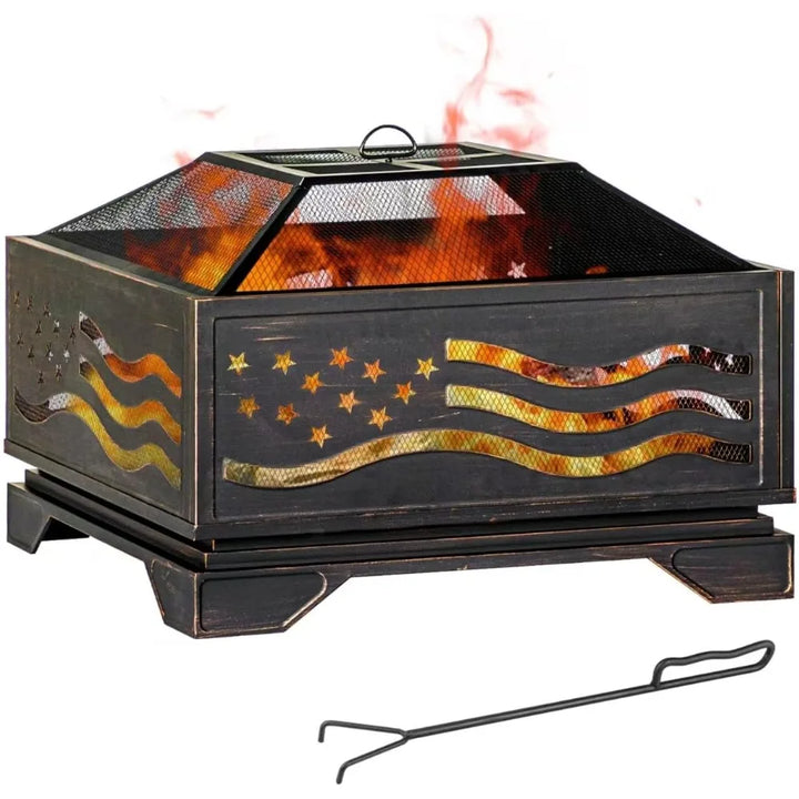 32 Inch Square-Shaped Fire Pit, Outdoor Fire Pits with Spark Screen & Poker, Metal Square Wood Burning Firepits for Outside, Bac