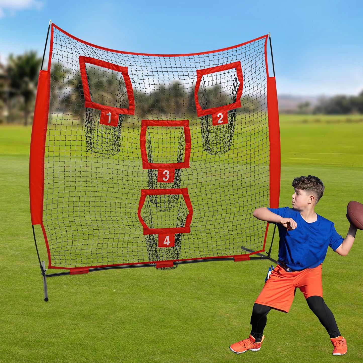Football Target Net, 7*7ft Football Trainer Throwing Net, Football Training Net with 4 Target Pockets for Sports Grounds