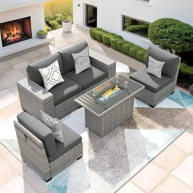 RPD4-7 Piece Patio Furniture Set Fire Pit Table. Outdoor Conversation Sets Wicker Rattan Sectional Sofa with Coffee TSZ